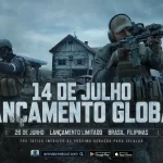 Imagem mostra dois soldados segurando armas e uma casa ao fundo. Contém o texto 14 de julho, lançamento global, arena breakout.