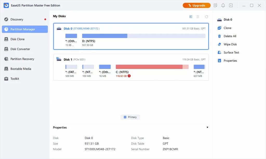 verificar o espaço livre por meio do easeus partition master