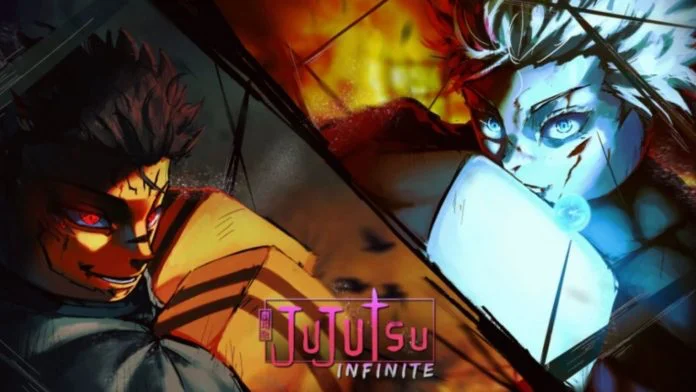 Imagem mostra dois personagem em estilo Roblox, pronto para se enfrentar, ao centro está a frase Jujutsu Infinite.