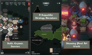 Imagem mostra gameplay de TownsFolk com um misto de três imagnes mostrando mapa, e uma cidade em pixel art à noite com luzes brilhantes.