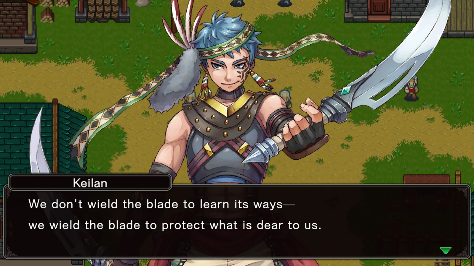 Guerreiro de cabelo azul chamado Keilan segurando uma espada e falando sobre proteger o que é valioso, em cena do JRPG Astral Takers, da Kemco.