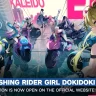 Arte promocional do jogo Chasing Kaleido Rider com garotas anime pilotando motos futuristas em uma cidade estilizada.