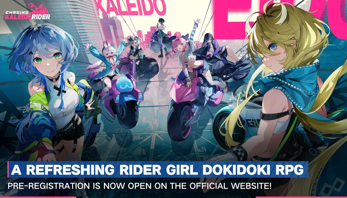 Arte promocional do jogo Chasing Kaleido Rider com garotas anime pilotando motos futuristas em uma cidade estilizada.