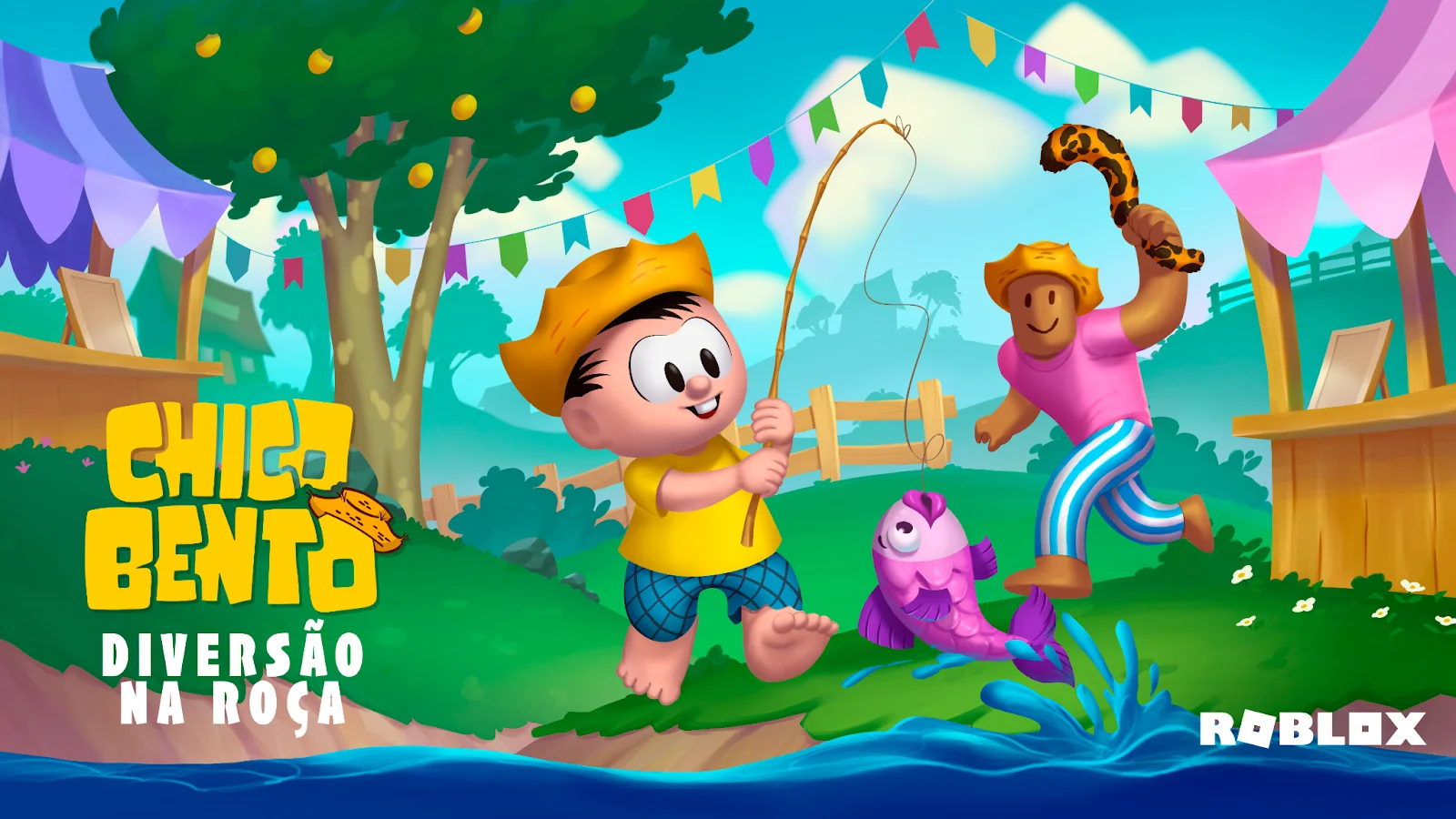 Imagem mostra personagens na fazenda, no centro está o Chico Bento, personagem caipira da Turma da Mônica. Também contem uma árvore ao fundo e outro personagem do Roblox segurando um rabo de onça.