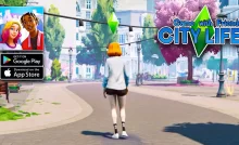 Personagem de cabelo laranja andando por uma rua arborizada, com um ícone verde de simulação acima da cabeça, divulgando o jogo City Life para Android e iOS.