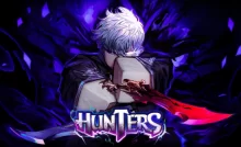 imagem mostra personagem de anime no estilo Roblox com cabelo branco, um olho brilhando e uma espada vermelha na mão. Há também o nome Hunters.