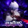 imagem mostra personagem de anime no estilo Roblox com cabelo branco, um olho brilhando e uma espada vermelha na mão. Há também o nome Hunters.