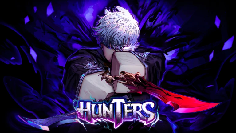 imagem mostra personagem de anime no estilo Roblox com cabelo branco, um olho brilhando e uma espada vermelha na mão. Há também o nome Hunters.