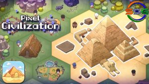 Arte promocional de Pixel Civilization, mostrando construções em pixel art, como pirâmides e tendas, em um mapa hexagonal com vários personagens.