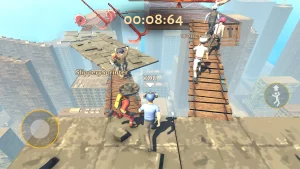 Jogadores correndo sobre plataformas suspensas entre prédios, desviando de lâminas e ganchos em um jogo estilo Fall Guys com gráficos realistas.